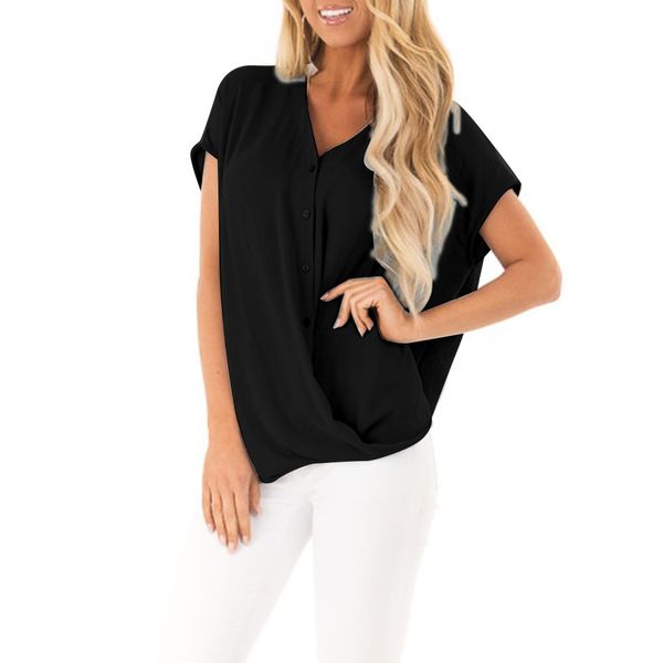 

women summer short sleeve chiffon blouse shirt casual loose v neck button solid elegant plus size gomlek, White