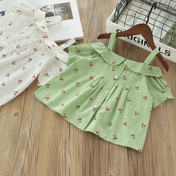 

girls girl's shirt summer 2020 childrenswear children little girl camisole short sleeve baby cherry printed shirt children's shi, White