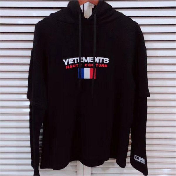 

19ss new vetements mens box logo hoodies autumn winter fashion casual streetwear vetements sweatshirts france flag embroid, Black