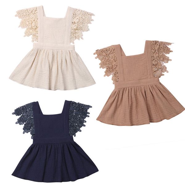 

newborn infant baby girls toddler lace flying sleeves mini dress square collar sleeveless princess dress sundress, Red;yellow