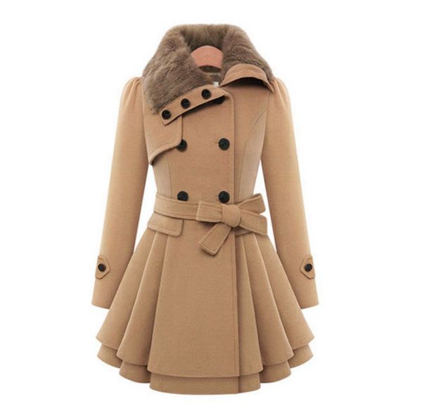 

new slim long woolen coat fur collar double-breasted belt woolen coat windbreaker european and american women warm, Black