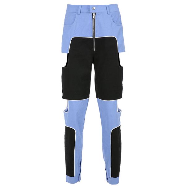 

februaryfrost 2020 women high waist ripped holes patchwork harem pants fashion ankle-length cargo pants trousers streetwear, Black;white