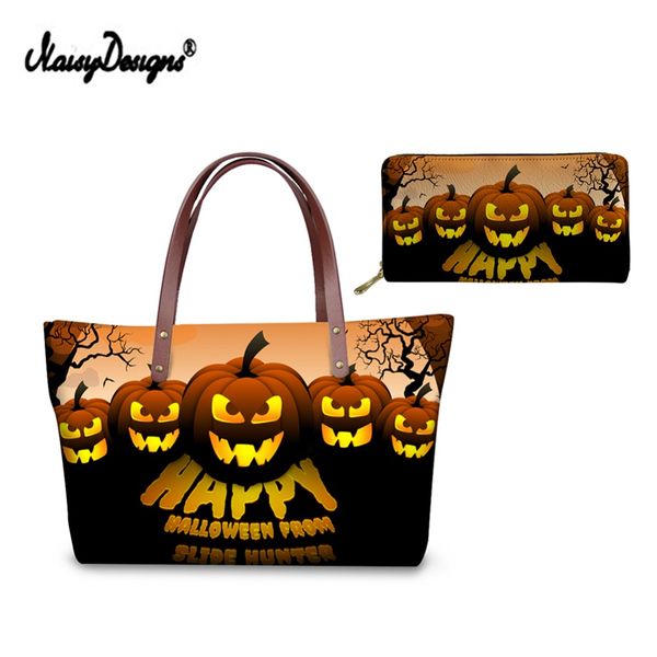 

noisydesigns women shopping bags halloween pumpkin owl printing set soft bags leather purse for girls composite bag bolsa femina