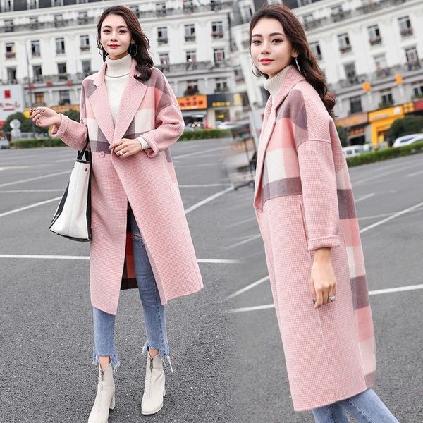 

elegant women autumn winter wool overcoat long woolen coat loose thicken outwear with pocket turn down collar, Black