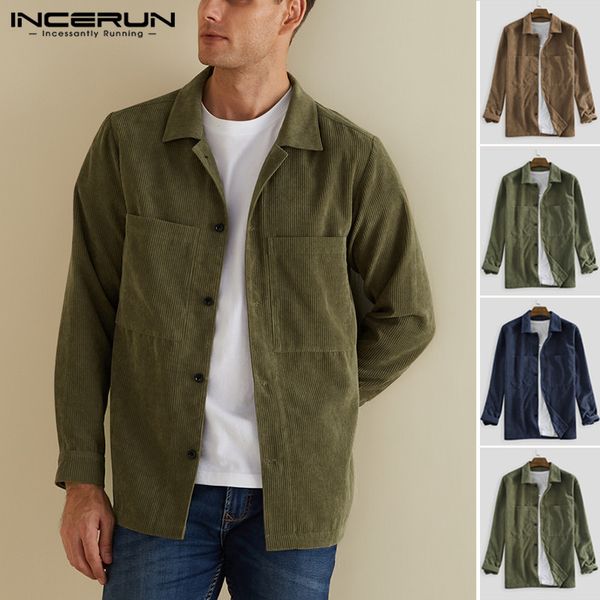 

autumn men corduroy shirts long sleeve solid color pockets button lapel casual vintage shirts men streetwear outerwear 2019, White;black