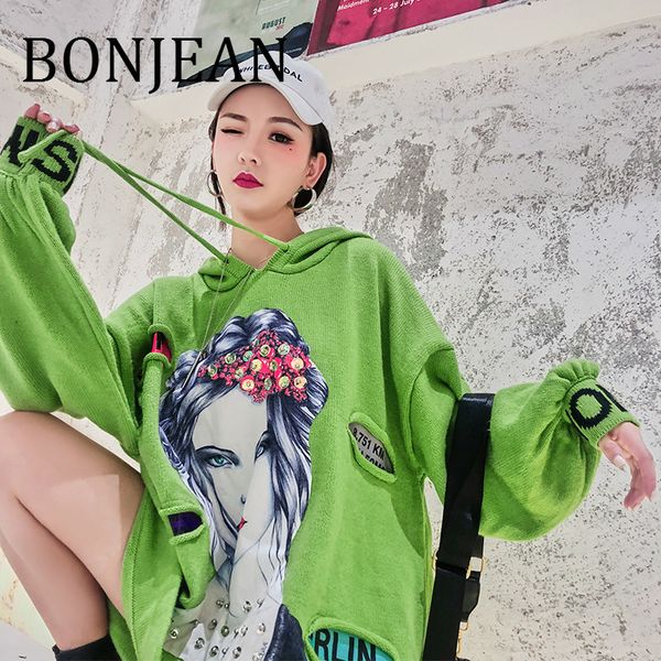 

bonjean 2019 autumn and pullovers character pattern knitted sweaters for women green asymmetric hooded sweaters bj1800, White;black