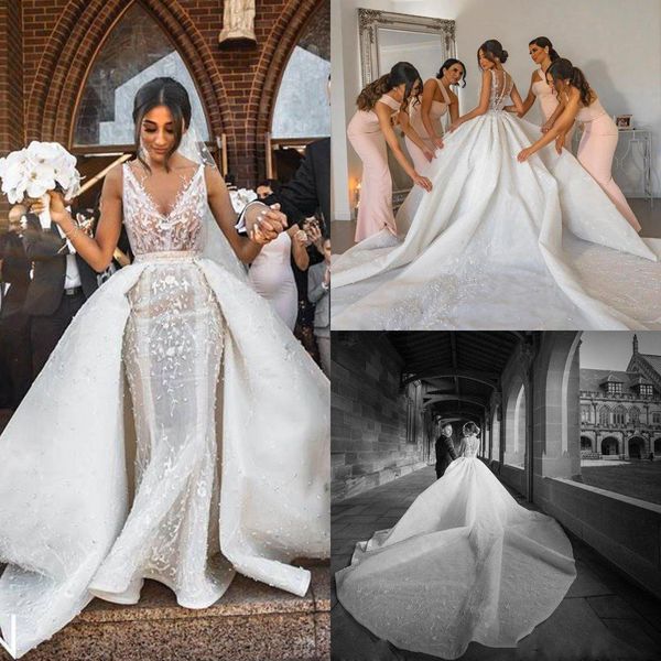 

gorgeous lace mermaid wedding dress detachable train v neckline bridal gown appliques covered button back country wedding gown plus size, White