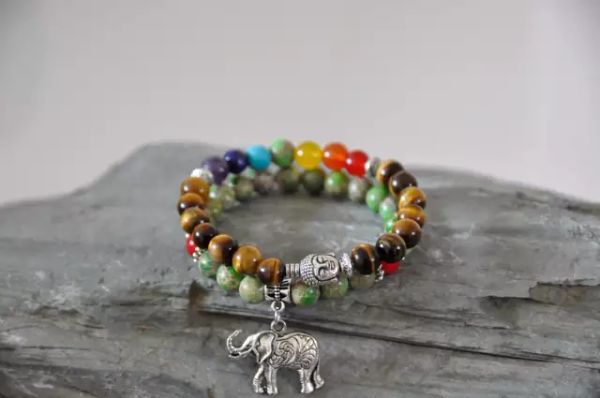 

set of 2 buddha bracelet, tiger's eye ,elephant ,meditation ,chakra , mala beads,tibetan bracelet,protection, Black