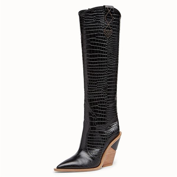 

new women boots pointed toe cowboy western boots black ladies high heels winter knee high female shoes
