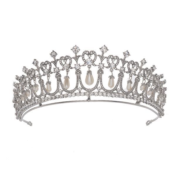 

eseres vintage round silver pearl crown for royal queen wedding accessories headbands hair jewelry, Golden;white