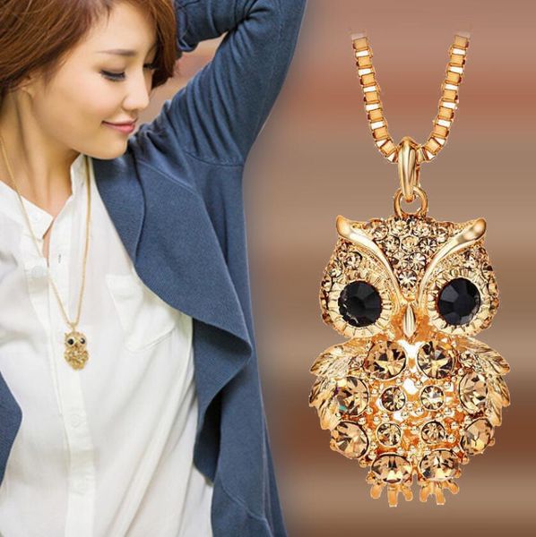 

women sweater chain necklace owl design rhinestones crystal pendant necklaces jewelry clothing accessories 3 colors ing, Silver