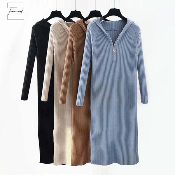 

thick long sweater dress female autumn winter hooded sweater dress women split side casual long straight dress oversize, Black;gray