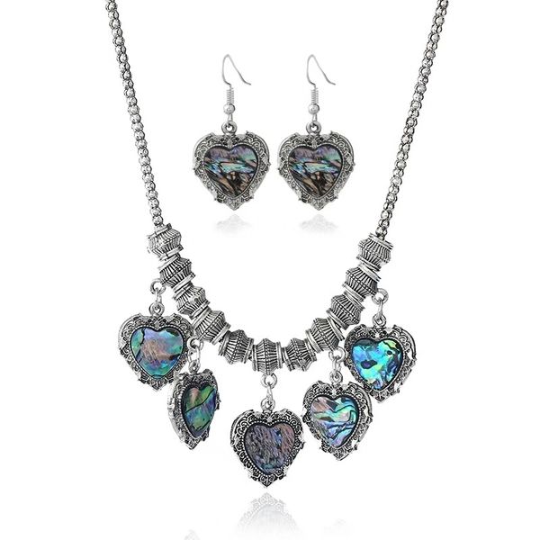

heart pendants necklace shell dangle earrings for women retro luxury antique silver jewelry set wedding bride evening dress accessories
