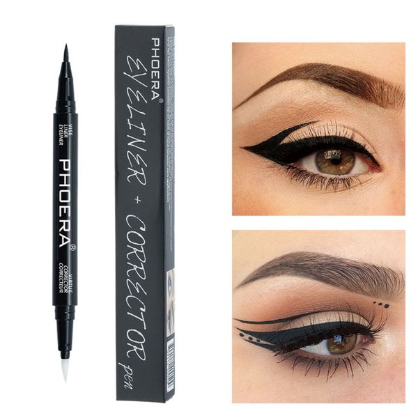 

1pc phoera black natural long lasting waterproof eyeliner double sides eye line corrector pen stamp double-ended beauty tslm2