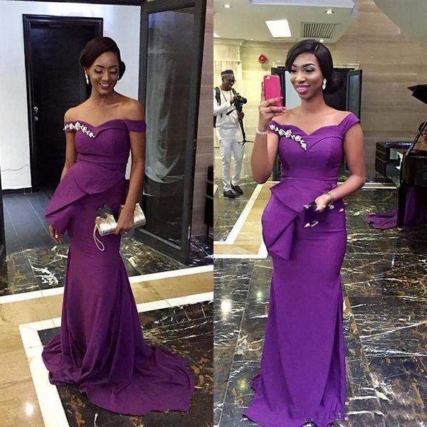 

Purple Satin Long Mermaid Bridesmaid Dresses 2019 Off Shoulder Appliques Sweep Train African Wedding Guest Maid Of Honor Dresses