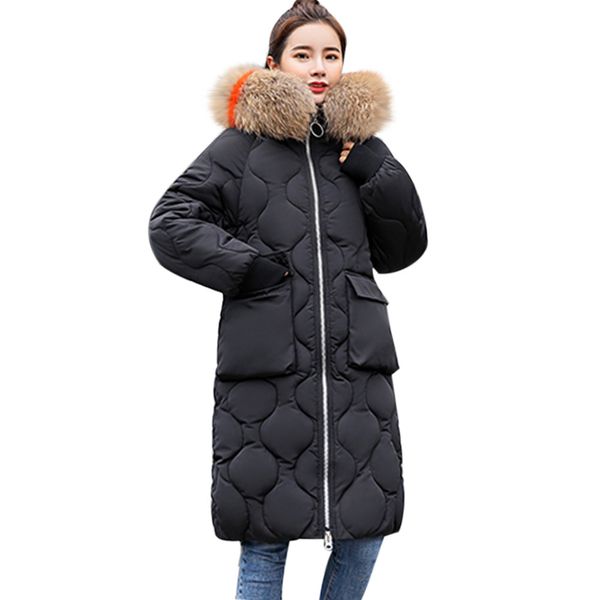 

winter parkas women winter nice female coat overcoat casual zippers packet jacket women long hooded fur outwear loose casaco, Black