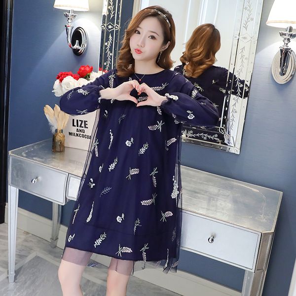 

long sleeve maternity autumn dress fashion embroidery mesh with cotton lining pregnant women dress sweet pregnancy a-line, White