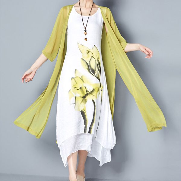 

national wind loose thin cotton and linen printed two-piece jacket, Black;gray