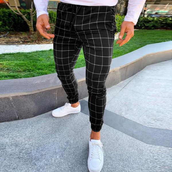 

мужская тонкий fit брюки тощий chino pants моды карман для мужчин плед straight leg брюки повседневный карандаш jogger вскользь plaid, Black