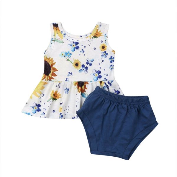 

girl clothes 2pcs toddler kids baby girl sunflower t-shirt short pants outfits clothes summer, White