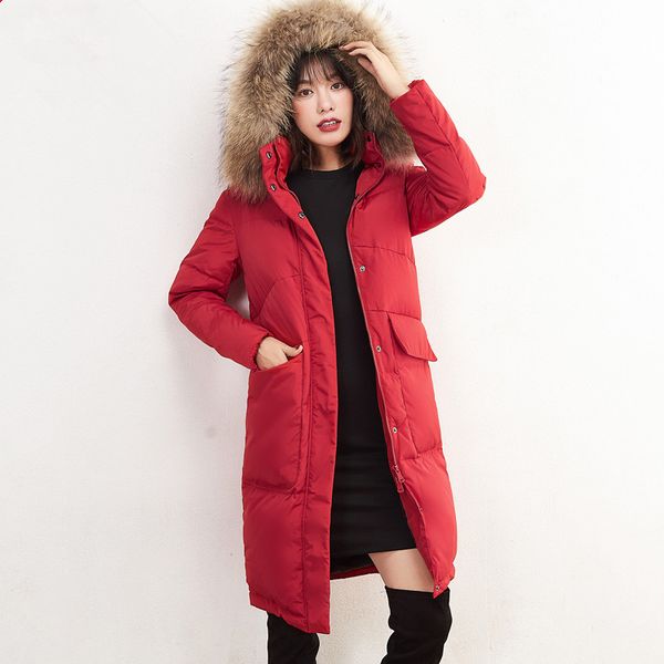 

new winter real fur collar long coat female warm hooded parka women down jackets thick winter jacket women pp058, Black