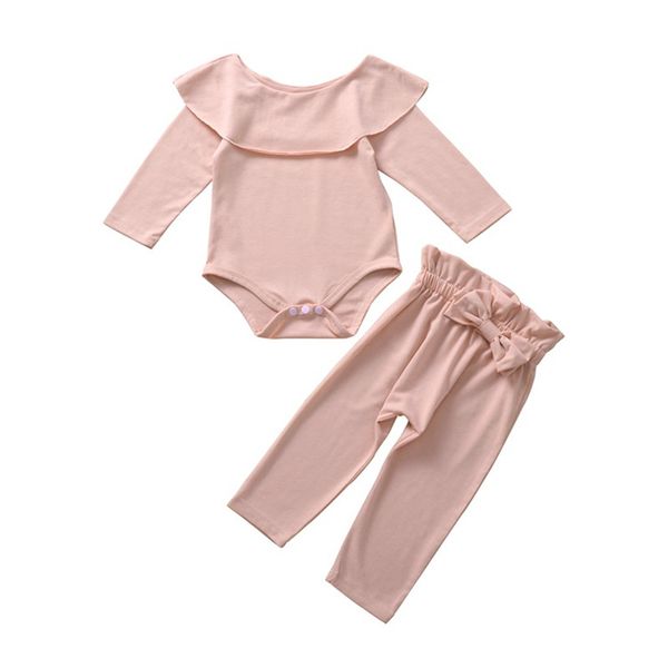 

clothing sets baby girls clothes sping autumn long-sleeved solid color ruffled romper + bow pants two-piece suits for 0-2 years, White