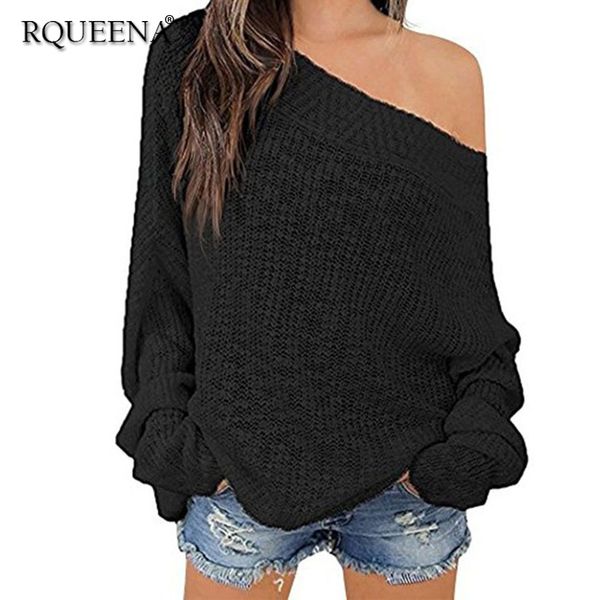 

rqueena women sweaters and pullovers 2019 autumn winter sweater women pullover slash neck knit black sweater jumpers pu066, White;black