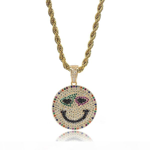 

18k gold micro-inlaid colored zircon smile face round pendant necklace with rope chain for men women, Silver