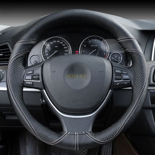 

diy genuine leather steering wheel cover breathable anti slip design auto steering-wheel braid case fit car suv diameter 38cm