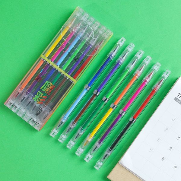 Conta Hot Selling Tranperant Plástico Mão Crianças Graffiti Duplo dupla face Cores Glitter Gel Pen 12 cores Gel marcador conjunto de canetas coloridas