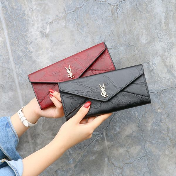 

2019 new ladies wallet pu wallet korean ladies long fold multi-function buckle multi-card clutch, Red;black