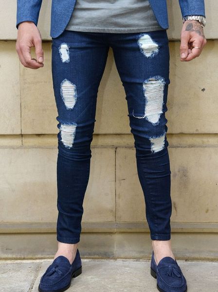 

мужская slim fit pant тощий прямые упругие джинсовые брюки разрушенные мужской streetwear hiphop ripped hole jeans горячие продажа, Blue