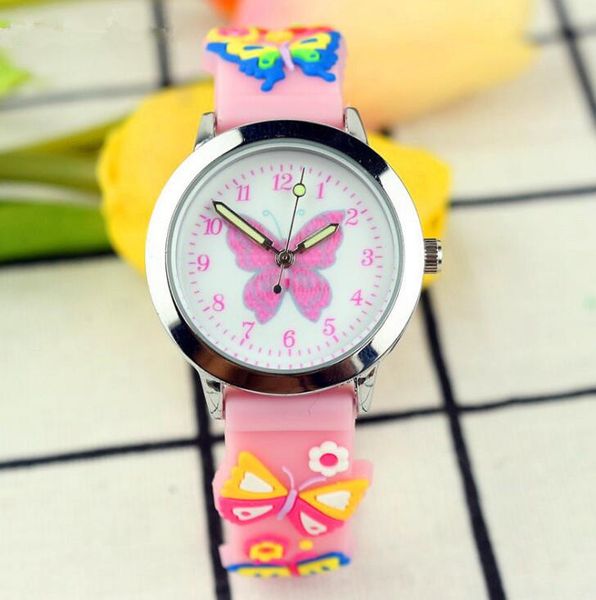 

kid colorful watches 3d cartoon kids silica gel wristwatch butterfly luminous hand candy jelly silicone wristwatches for boys girls, Slivery;brown