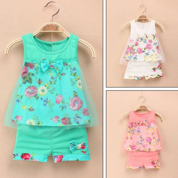 

toddler kids baby girl floral outfits clothes t-shirt +shorts pants 2pcs set, White