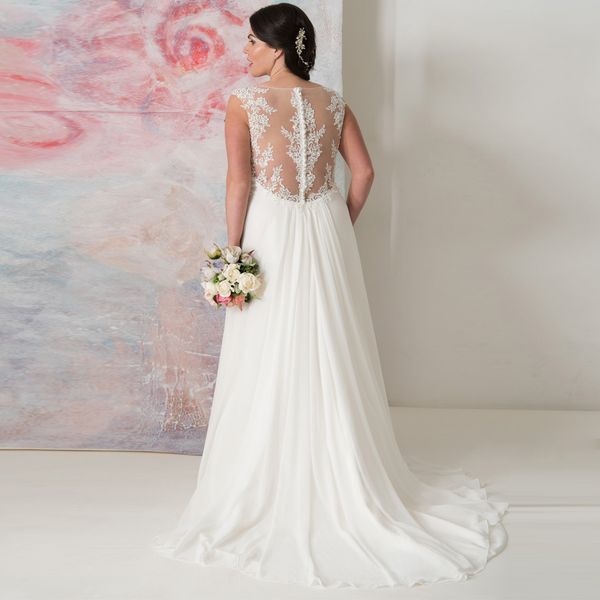 

шифон пляж плюс размер свадебные платья совок шеи бисероплетение аппликация свадебные платья иллюзия назад развертки поезд vestidos de novia, White