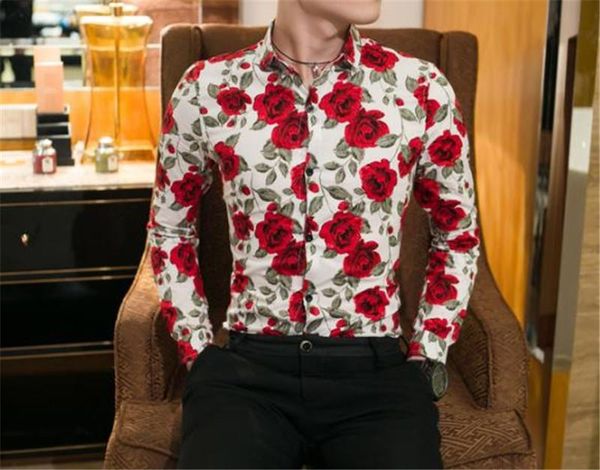 

rose print mens casual shirts fashion single breasted long sleeve mens shirts casual slim males clothing, White;black