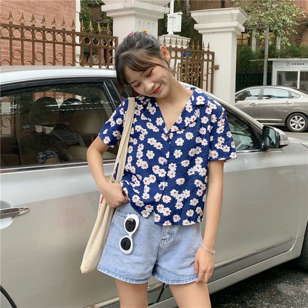 

korean-style flower loose-fit shirt online celebrity-hong kong flavor short sleeve daisy non-mainstream sense of design wom, White