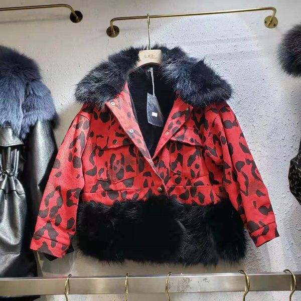 

2019 winter real fur collar women short coat leopard cotton padded plush thickened warm coat female streetwear natural fur, Black