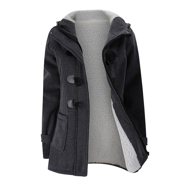 

women's fashion trench coat autumn thick lining winter jacket overcoat female casual long hooded coat zipper horn button outwear, Black