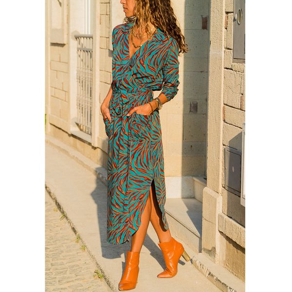

women bohemian printed belt party dress three quarter sleeve v neck straight casual dress 2019 summer new fashion women dress, Black;gray