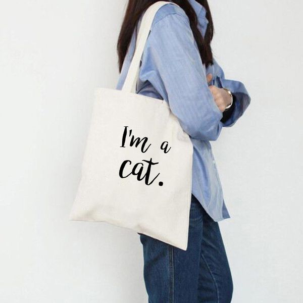 

i 'm a cat print letter graphics tote eco shopping outdoor canvas shoulder bags shopping bag fashion simple foldable zipper kpop