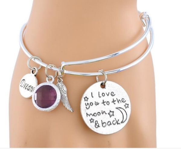 

3pcs/lot i love you to the moon and back english crystal love bir thstone bracelet birthday stone love bracelet factory direct diy jewelry, Golden;silver