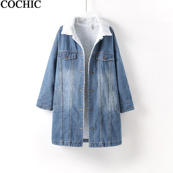 

women mid-long pocket denim winter thick warm jacket casual turn down collar polar fleece coat plus size, Black;brown