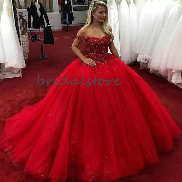 

bling red wedding dresses off the shoulder ball gown country wedding gowns fuffy tulle lace up wedding reception dress 2020 hochzeitskleider, White