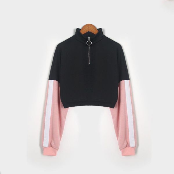

2019 long sleeve harajuku hoodies sweatshirt women streetwear black color zipper patchwork women fashion clothes moletom