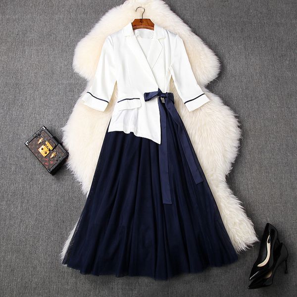 

women 2020 summer blazer dress elegant 3/4 sleeve color block bow tie waist patchwork mesh dresses, Black;gray