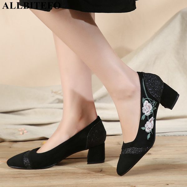 

allbitefo fashion embroidery shoes flowers design spring high heel shoes girls casual leisure women heels black high heels