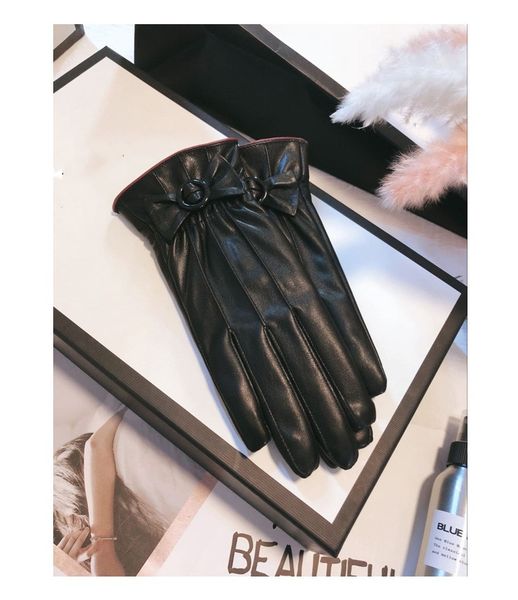 

leather gloves female winter cute repair hand bow tie with velvet thickened warm winter bike touch screen start thin new a1, Blue;gray