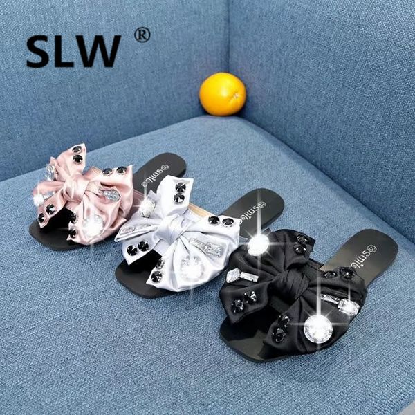 

slipper flat butterfly-knot women summer slides crystal sandals woman rhinestone slides lady slippers ladies footwear female, Black