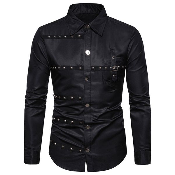 

2019 new foreign trade fashion solid color goth style rivet pocket decoration large size men's long-sleeve shirt, White;black